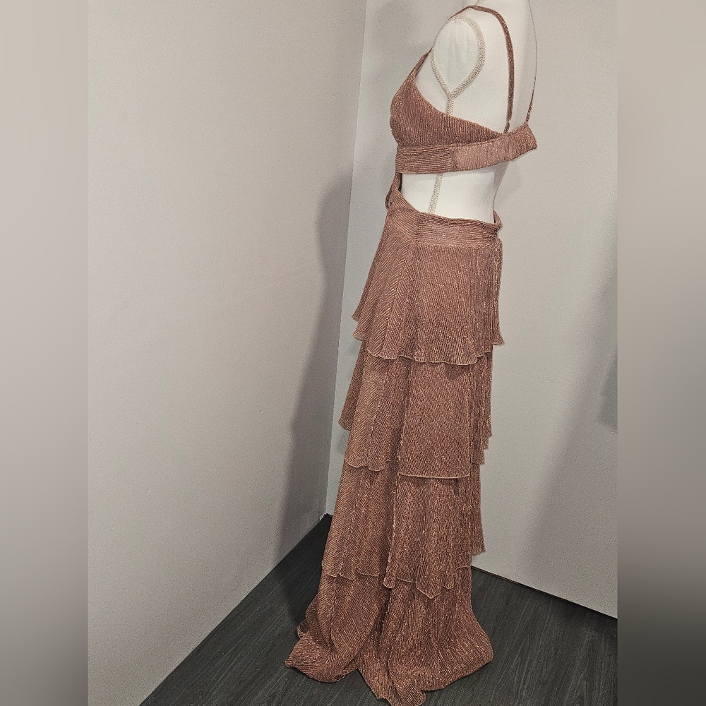 Line & Dot Elegant Shimmer Brown Backless Tiered Party Maxi Dress Womens Size M - Picture 4 of 10